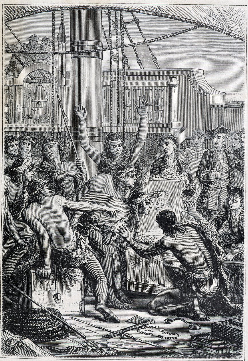 Podróż Samuela Wallisa (1728-1795) do Polinezji: autochtoniczne etony przy lustrze - ilustracja zaczerpnięta z „Wielkich Marynarzy XVIII wieku” autorstwa Unknown artist