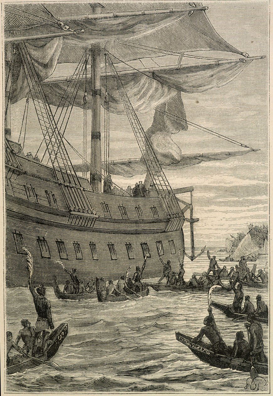 Podróż Samuela Wallisa (1728-1795) do Polinezji: rdzenni mieszkańcy trzymający w ręku gałązki bananowe na powitanie – ilustracja z „Wielkich marynarzy XVIII wieku”” autorstwa Unknown artist
