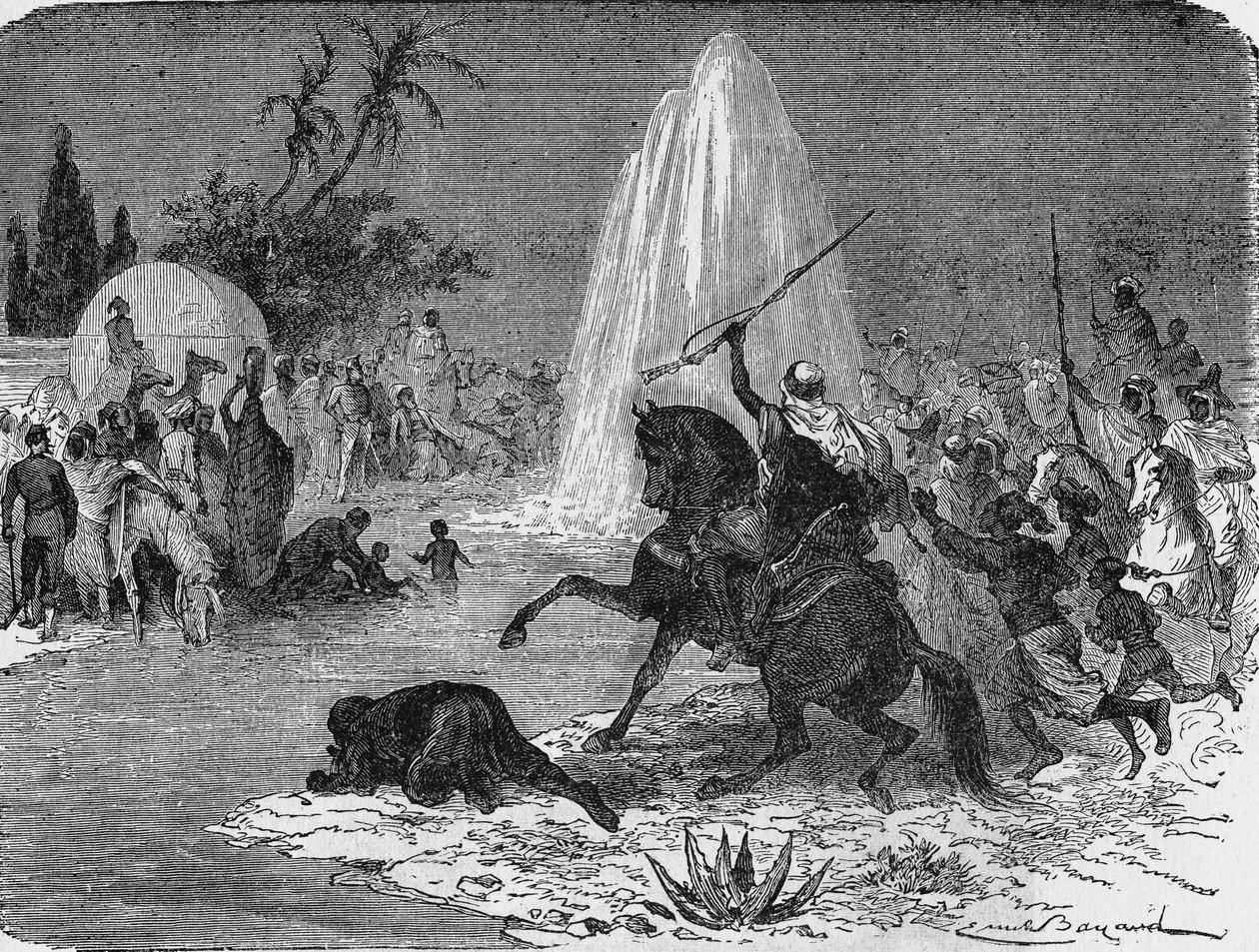 Radość Arabów na widok strumienia wody ze studni artezyjskiej Sidi-Rached, wykutej przez Francuzów na Saharze. W „Albumie nauki””, Éditions Jouvet autorstwa Unknown artist