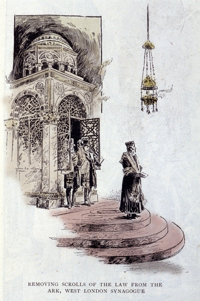 Judaizm: podczas ceremonii używa się zwojów Tory umieszczanych zwykle w Świętej Arce. Rabin nosi czas modlitwy Tallit lub Tzitzit. Synagoga w Zachodnim Londynie autorstwa Unknown artist