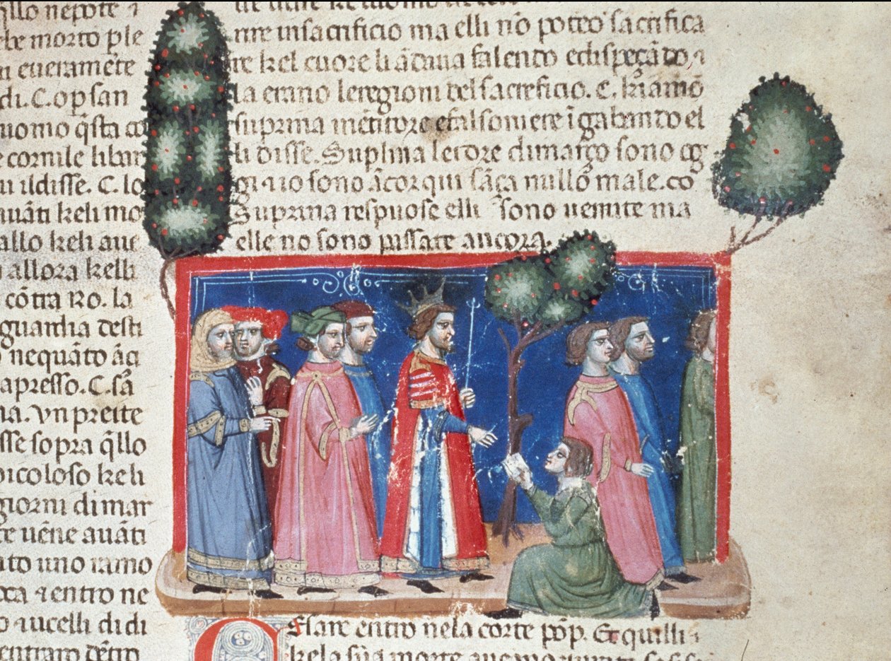 Jules Cesar (101-44 pne) uczący się zaklęcia Katyliny w 63 pne, spisek polityczny mający na celu jego detronizację Szczegół strony rękopisu „”Facts of the Romans”” (Ms 1538, fol 50r) około 1340 Florencja, Biblioteca Riccardiana autorstwa Unknown artist