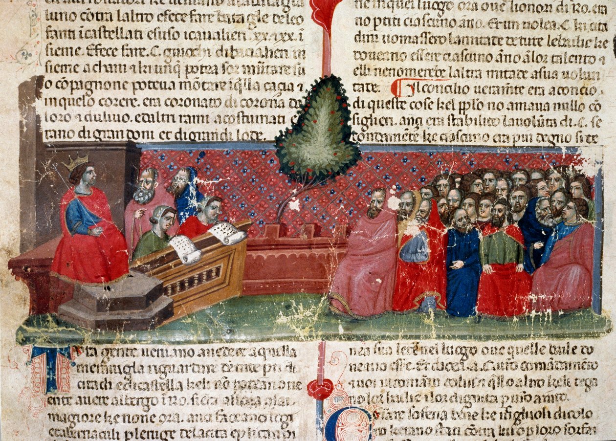 Jules Cesar (101-44 pne) na tronie Fragment strony rękopisu „Fakty Rzymian” (Ms 1538) ok. 1340 Florencja, Biblioteca Riccardiana autorstwa Unknown artist