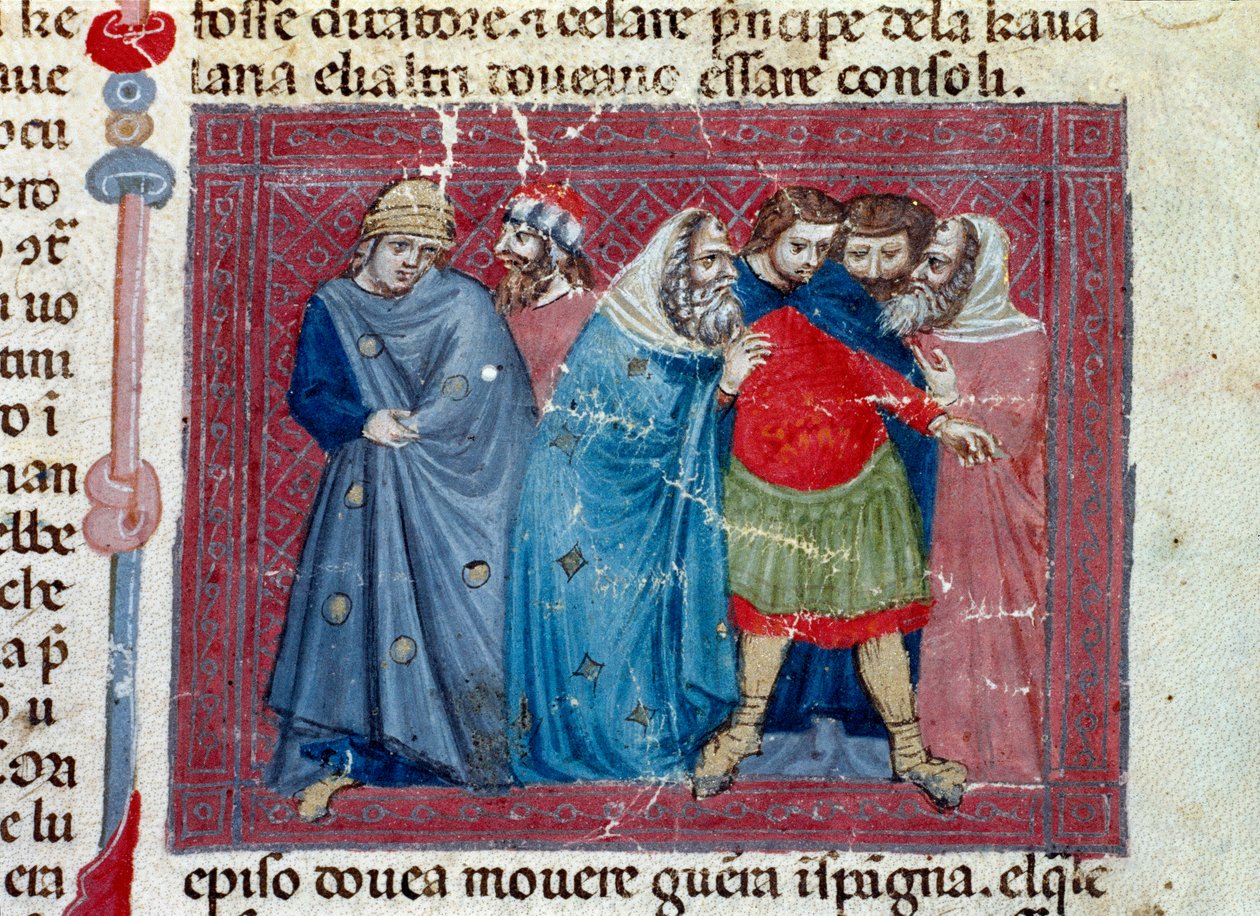 Jules Cesar (101-44 pne) na tronie Fragment strony rękopisu „Fakty Rzymian” (Ms 1538, fol 1v) ok. 1340 Florencja, Biblioteca Riccardiana autorstwa Unknown artist