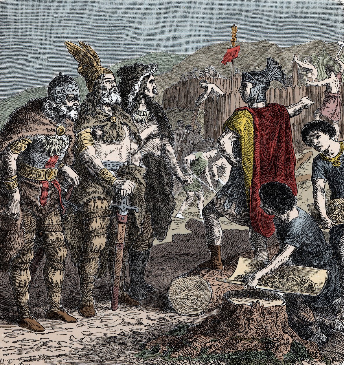 Wódz Julian i Franków - Spotkanie cesarza Juliana z wodzami Franco - (Flavius Claudius Julianus (331-363), zwany Julianem Apostatą, zwanym też Julianem Filozofem lub Julianem II lub Julianem Cesarzem) - rycina z końca XIX w. autorstwa Unknown artist