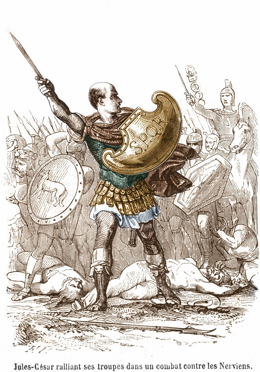 Juliusz Cezar zbierający swoje wojska do walki z Nervienami - grawerowanie autorstwa Unknown artist