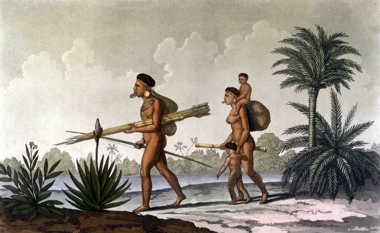 Kerengnatnuck, wódz Botocudos i jego rodzina (Brazylia) - w „Starym i współczesnym stroju” Ferrario, wyd. Mediolan autorstwa Unknown artist
