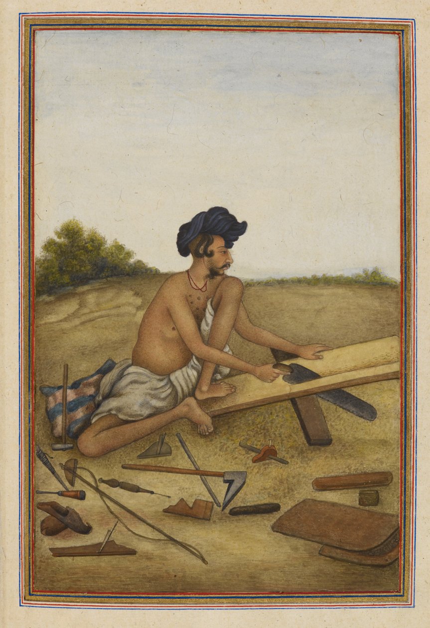 Khati lub Tarkhan, kasta stolarzy z Panjab. Mężczyzna piłujący deskę. autorstwa Unknown artist