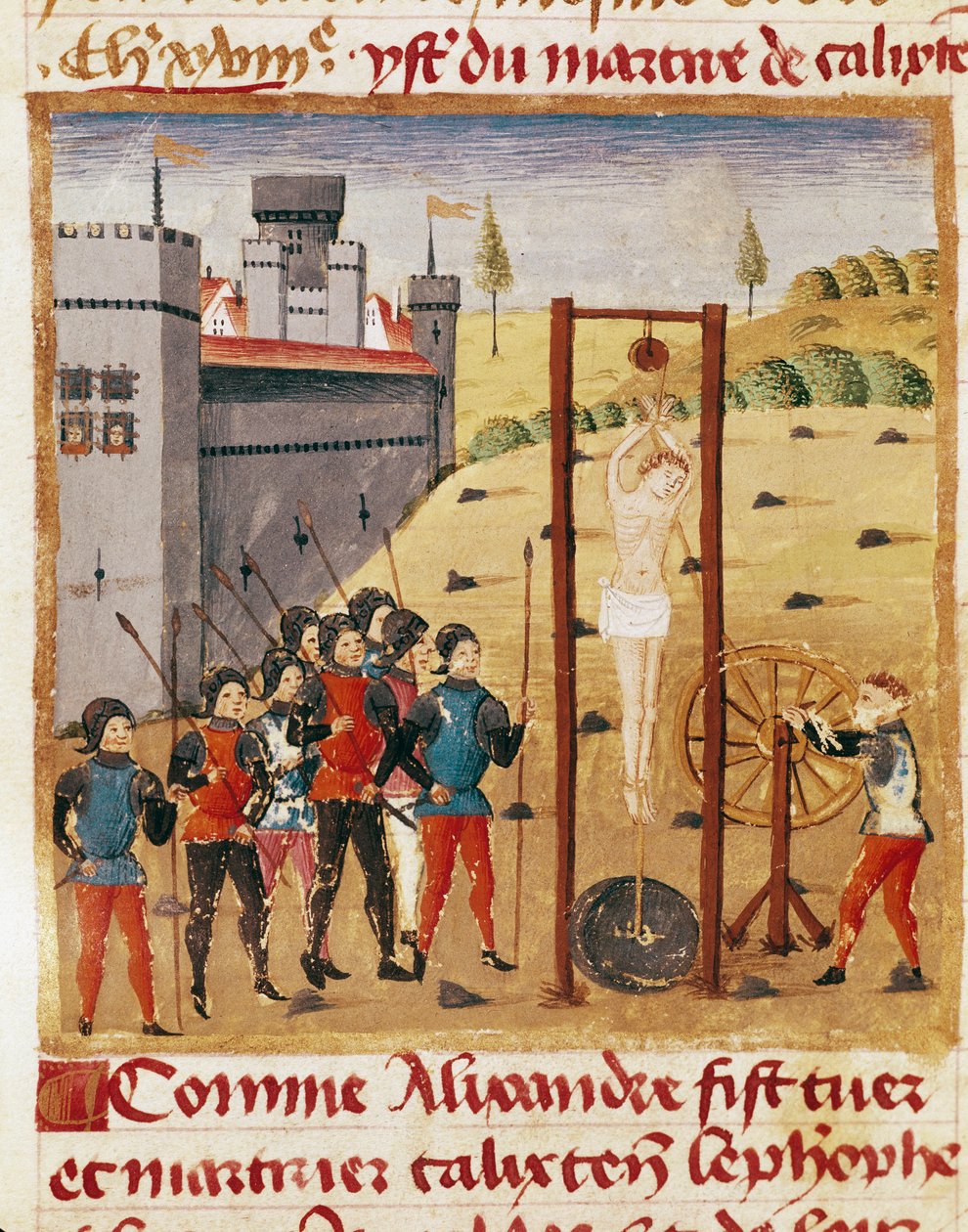 Król Aleksander Wielki (356-323 p.n.e.) uczestniczy w egzekucji szlachetnego Calixtena Cephobe przez powieszenie””” Miniatura zaczerpnięta z „”Księgi faktów Aleksandra Wielkiego”” Kwintusa Curtiusa Rufusa (I w.) (ms 1335, fol. 167 v autorstwa Unknown artist