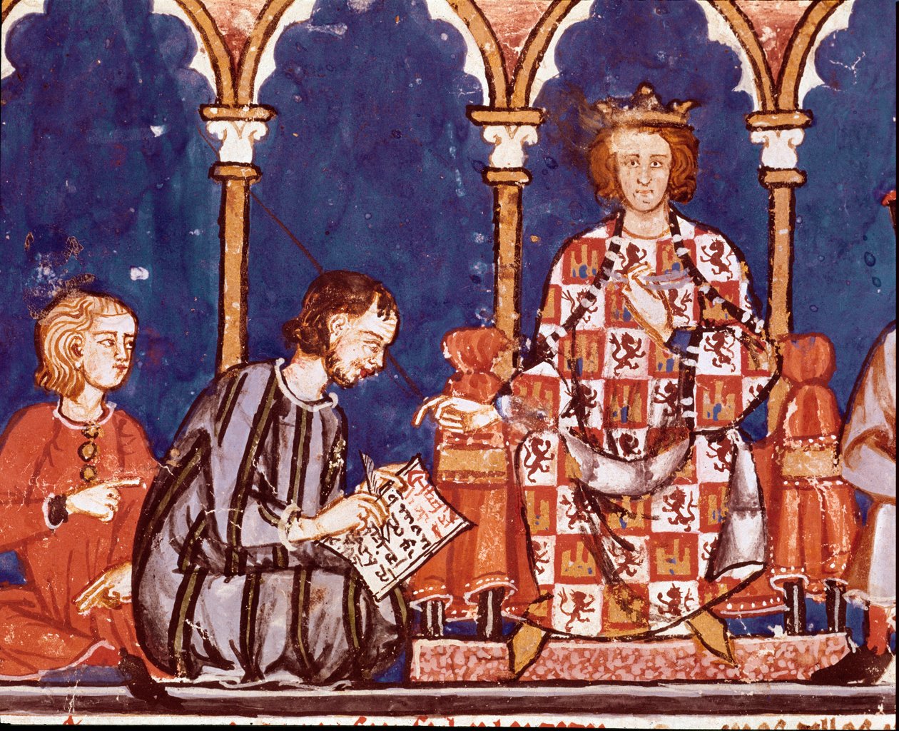 Król Alfonso X Mędrzec pomaga w pisaniu. Fragment miniatury z Księgi szachów, kości i tabel Alfonsa X Mądrego (1221-1284). 1282. Św. Biblioteka Królewska autorstwa Unknown artist