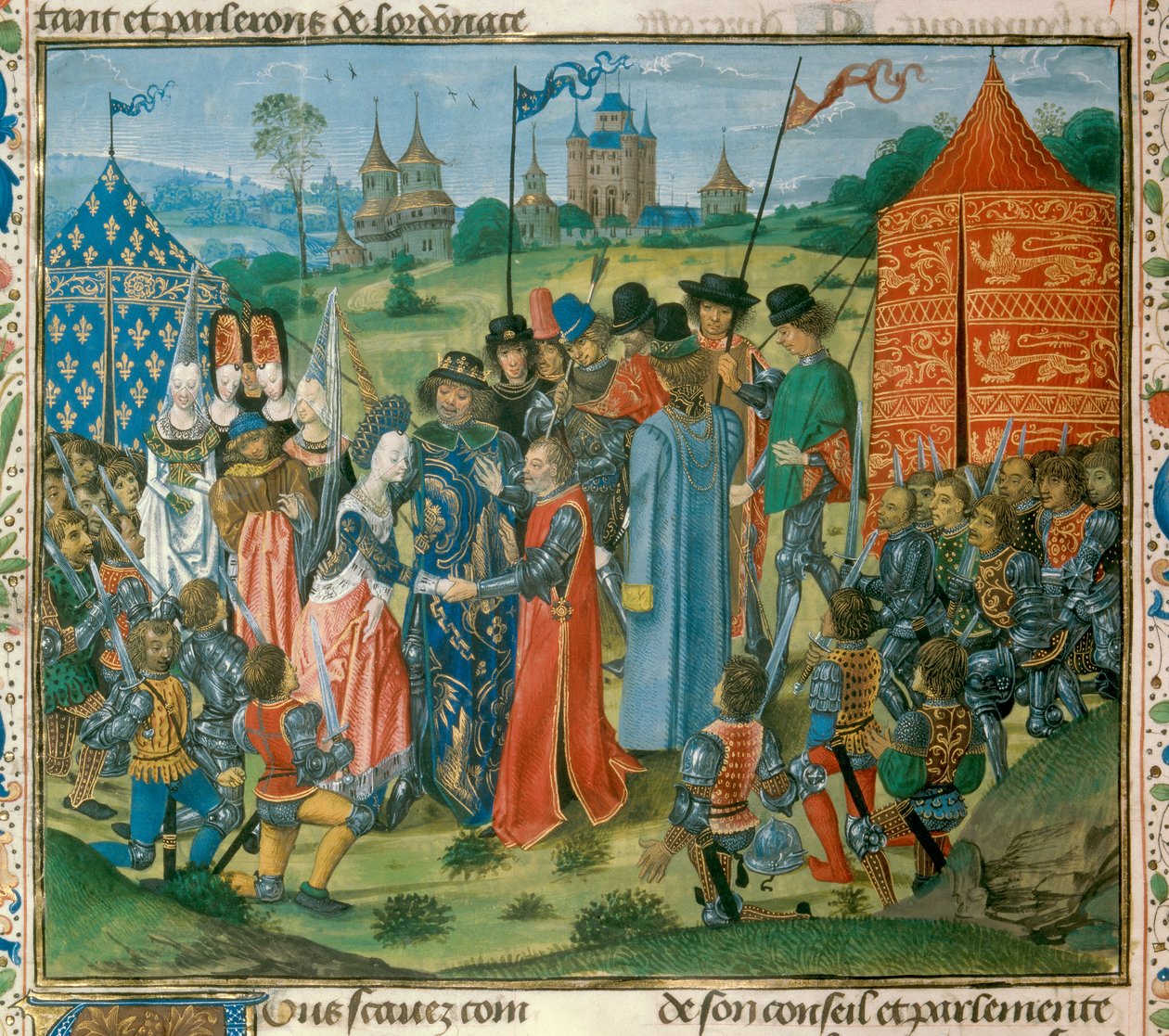 Król Karol VI (1368-1422) przekazał swoją córkę Izabelę Francuską (1389-1409) królowi Anglii Ryszardowi II (1367-1400) przed Zgromadzeniem Lordów Francuskich i Angielskich Miniatura z „Kronik” Jeana Froissarta (1337- 1400) XV-wieczny Paryż. B.N. autorstwa Unknown artist