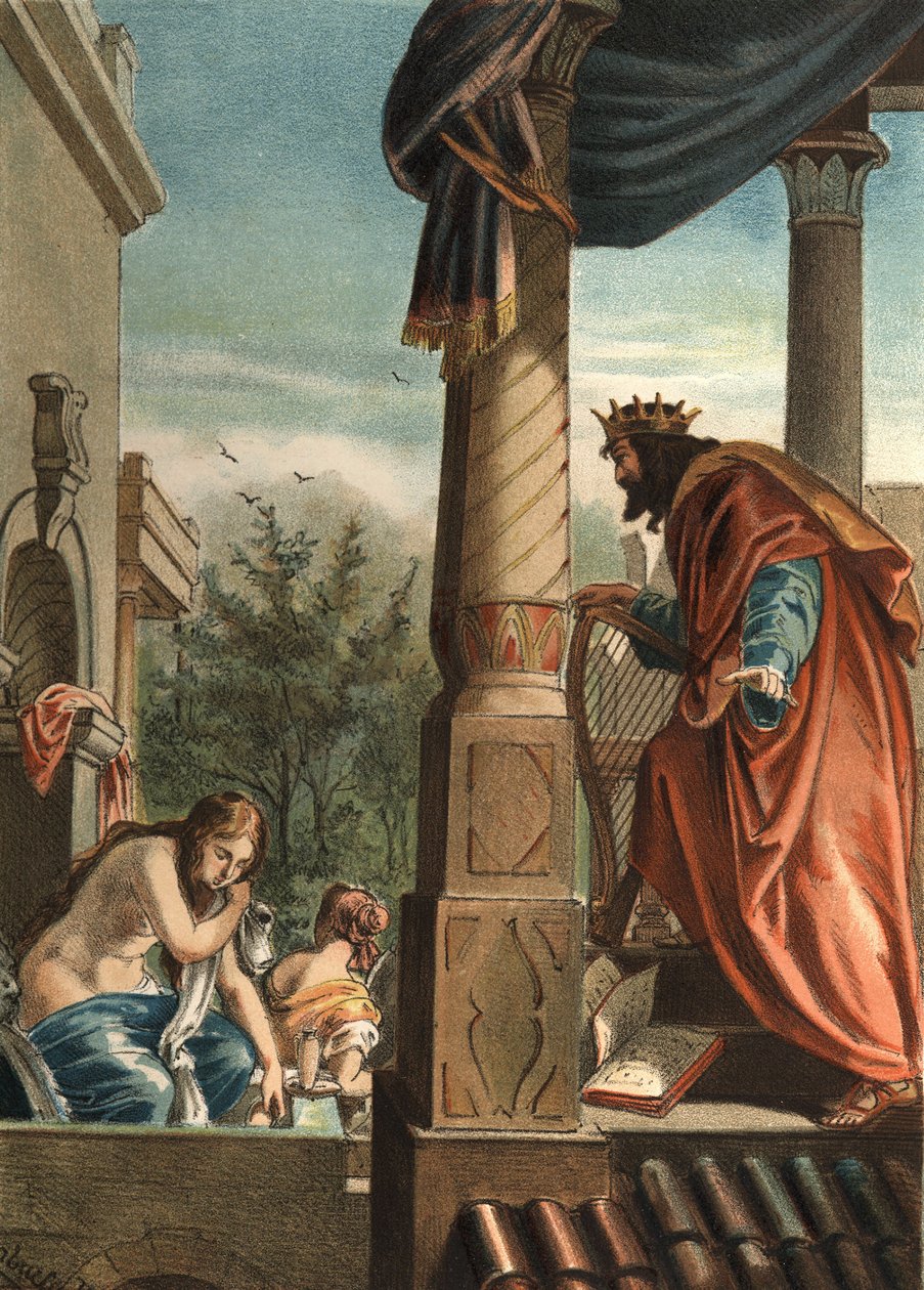 Król Dawid i Betsabee, jego przyszła żona w wannie, w „El Culto de la Hermosura” autorstwa Juana Justo Hugueta, redaktorów Molinasa Hermanosa autorstwa Unknown artist