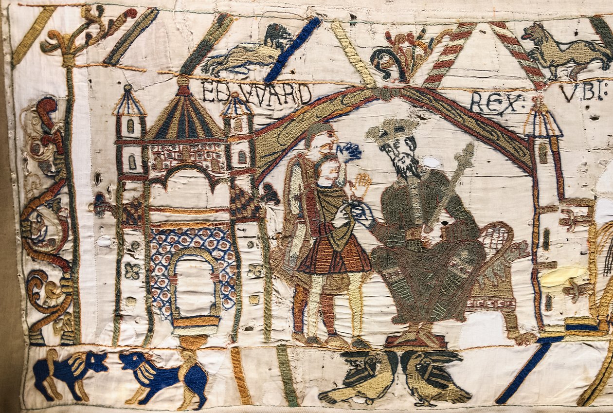 Król Edward Wyznawca wysyła Harolda do Normandii, Bayeux Tapestry (haft z wełny na płótnie) autorstwa Unknown artist