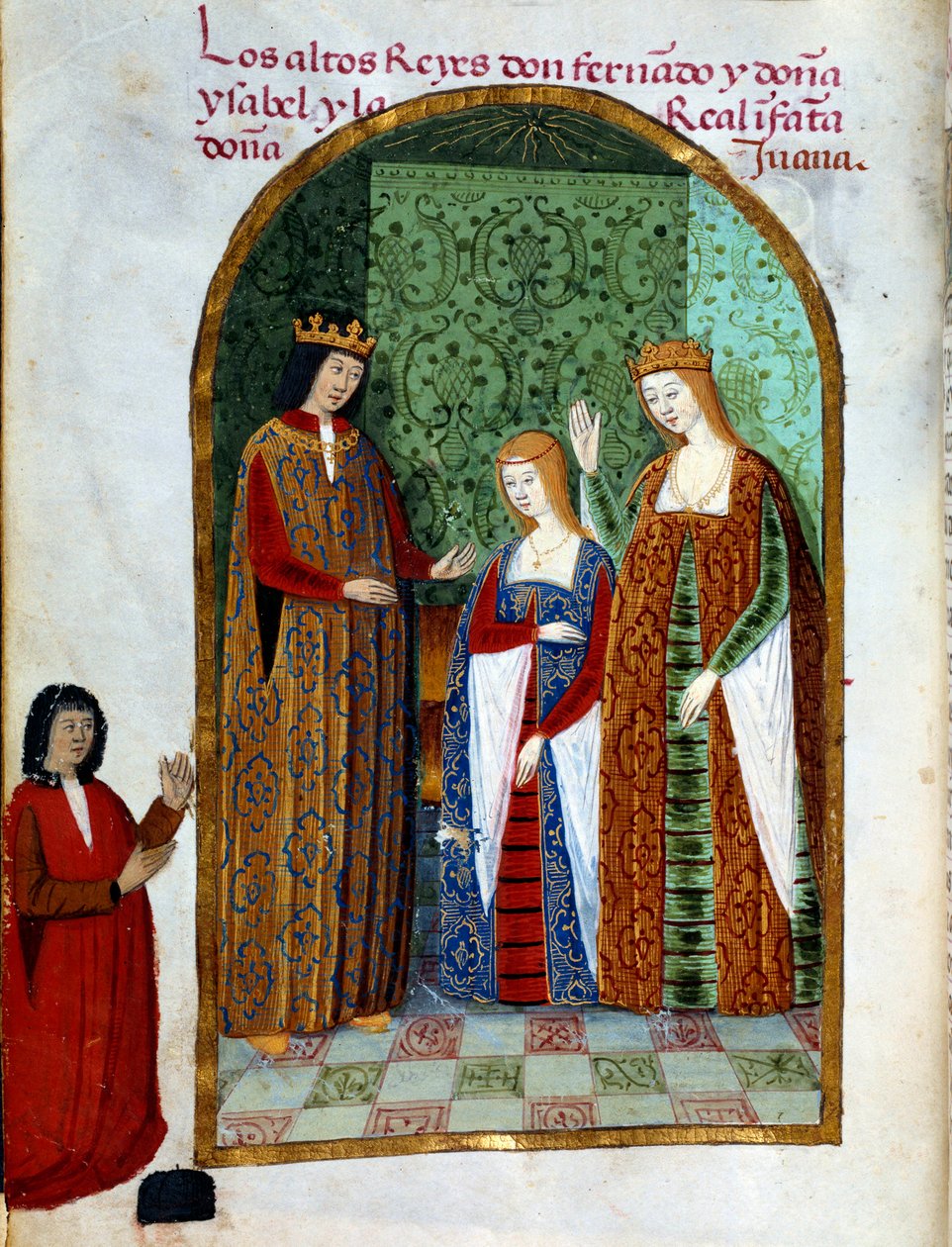 Król Ferdynand II, król Aragonii i Sycylii (1452 - 1516), Joanna, królowa Kastylii (1479 - 1555) i Izabela I Kastylii (znana również jako katolicka), królowa Hiszpanii (1451 - 1504). Miniatura w „”Nabożeństwie królowej Da Juany, którą nazwali wariatką”” autorstwa Unknown artist