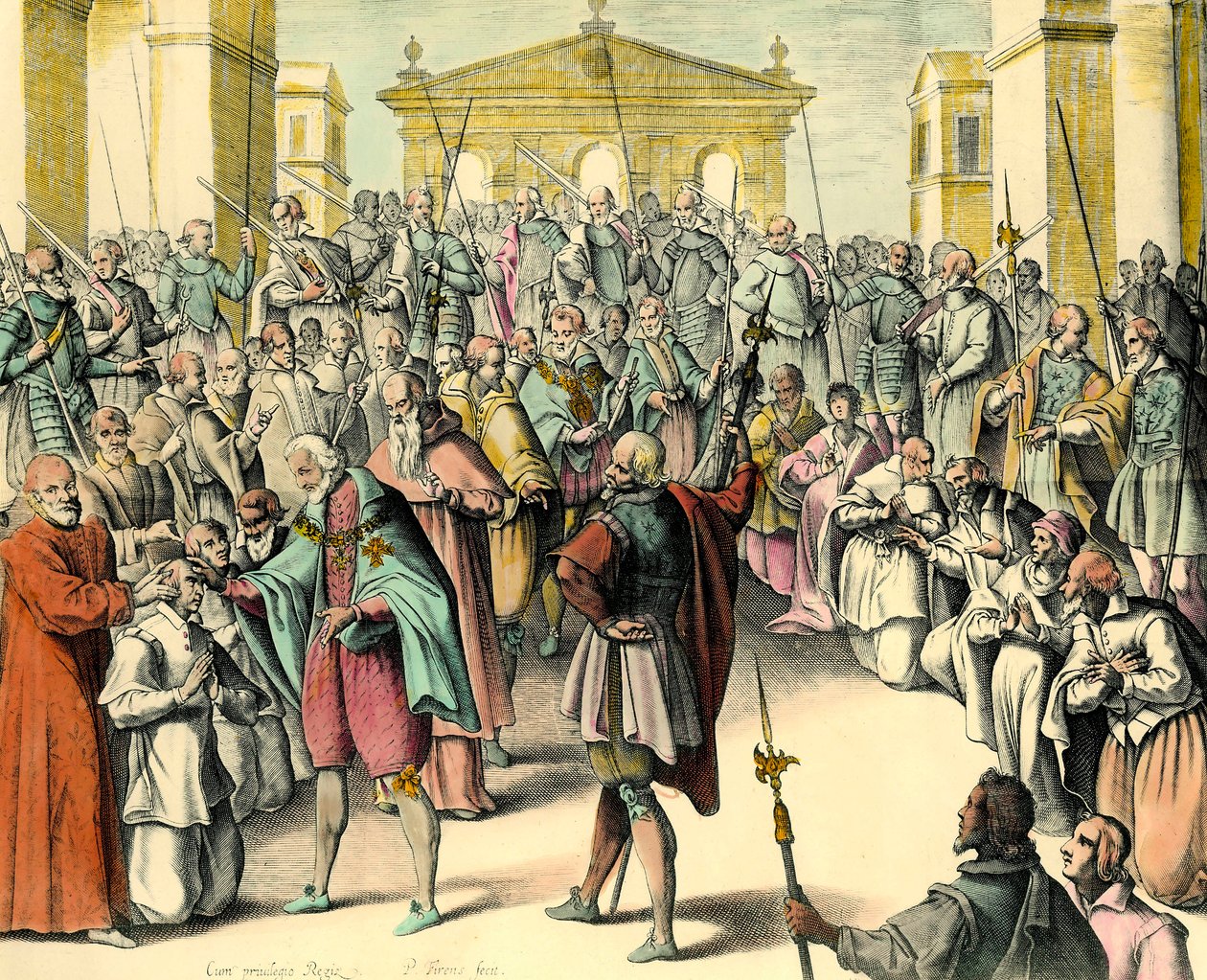 Król Henryk IV (1553-1610) dotyka czoła chorego.”” Król jest taumaturg, ma moc uzdrawiania ekroueli poprzez wymawianie tej formuły. Rycina z szkicu Andre du Laurensa (1558-1609), doktora króla Henryka IV autorstwa Unknown artist