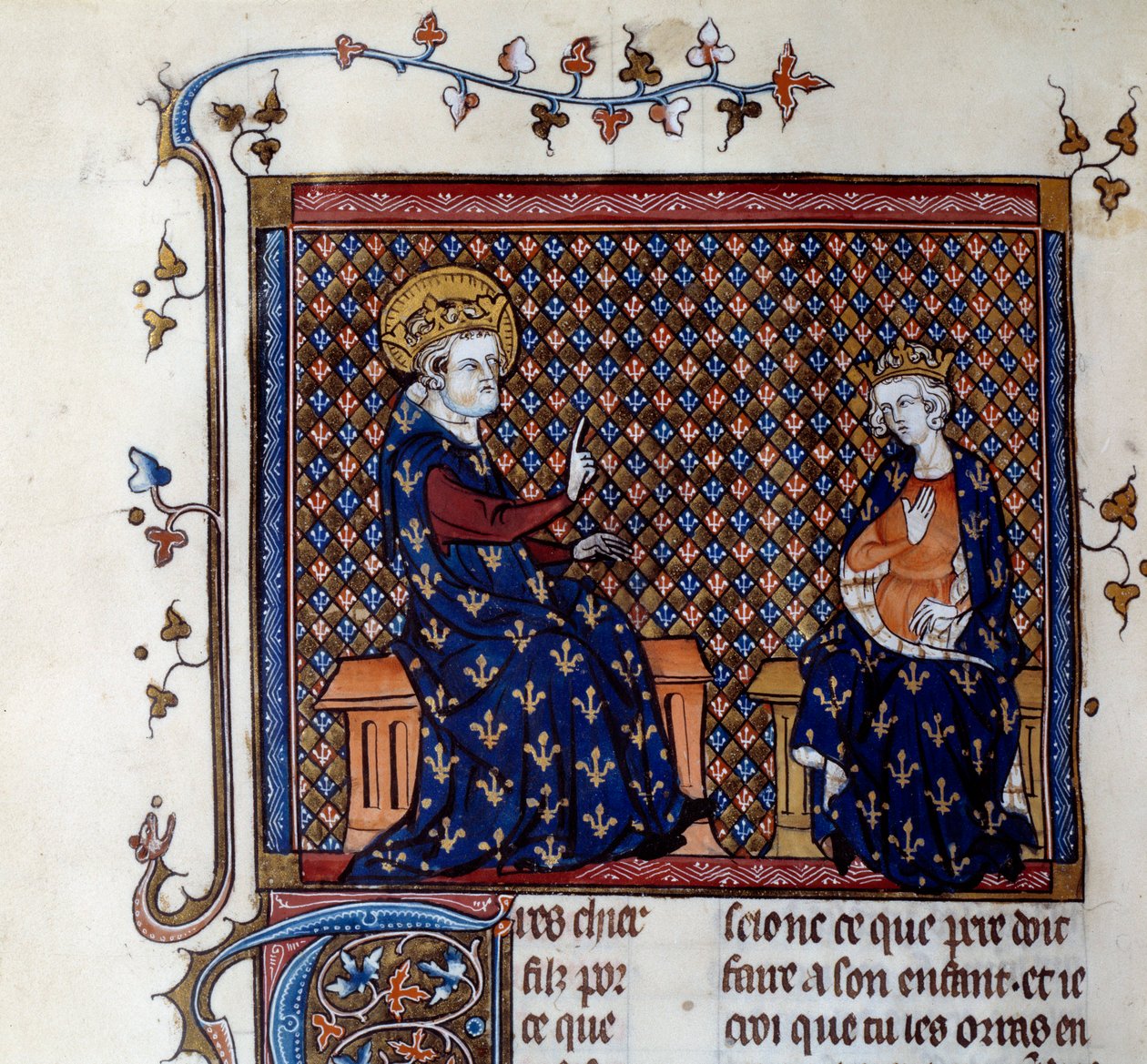 Król Ludwik IX (1214-1270) uczy swego syna mistrza króla, przyszłego Filipa III Miniatura z XIV-wiecznego rękopisu. Chantilly, Muzeum Conde autorstwa Unknown artist