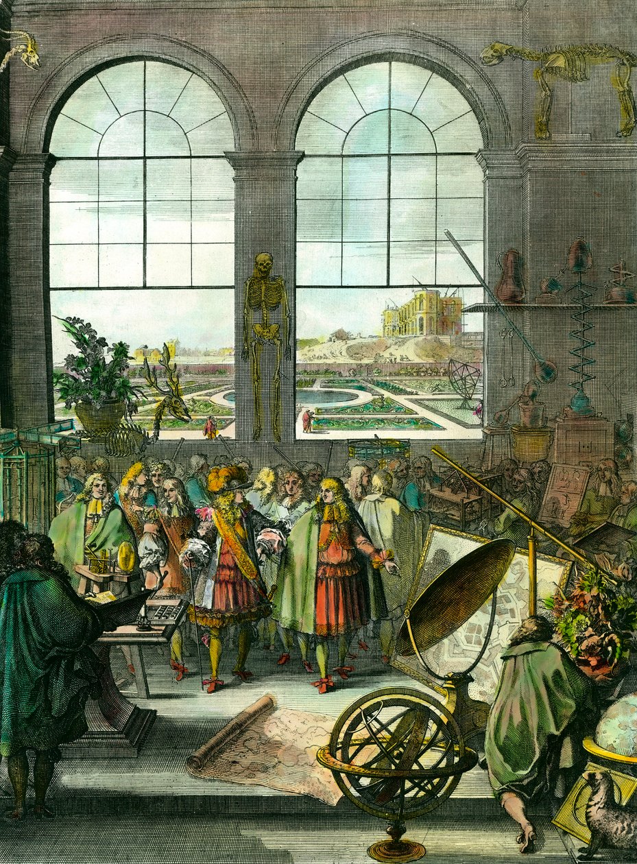 Król Ludwik XIV (1638-1715) odwiedza miejsce, w tle wciąż budowane Obserwatorium Paryskie. Obecne są różne instrumenty naukowe, kule armilarne, szkielety, mapy, obiektyw astronomiczny, kula ziemska, wypchane zwierzęta. Frontyspicjum „”Natur autorstwa Unknown artist