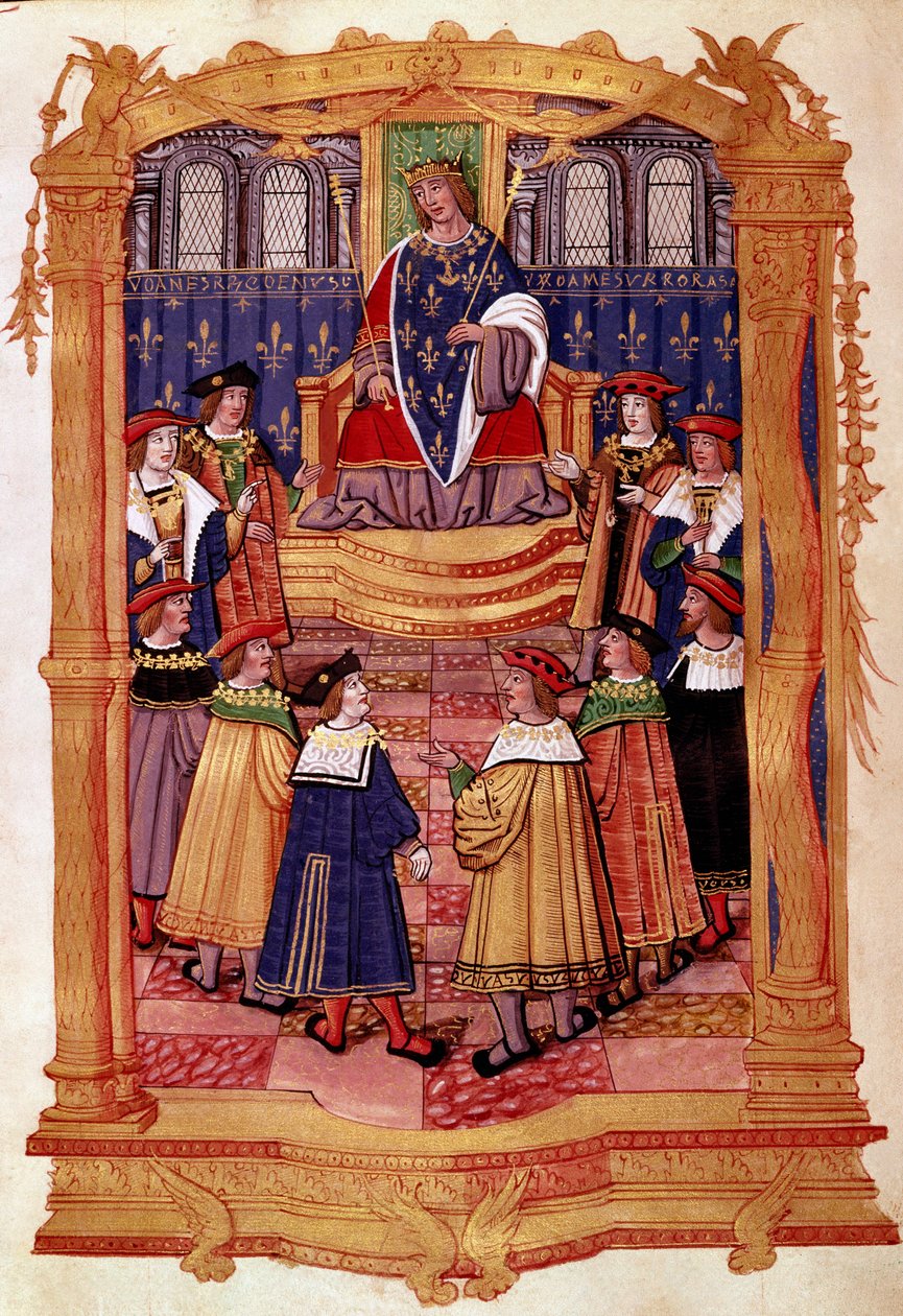 Król Ludwik XI (1423-1483) i Rycerze Orderu Świętego Michała Miniatura z rękopisu „Statuty Orderu Świętego Michała” XV wiek Mediolan, Biblioteca Trivulziana autorstwa Unknown artist