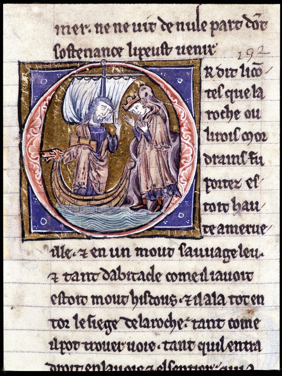 Król Modreius. Rękopis: Conquest of the Saint Gréal, napisany 717 lat po męce naszego Pana. Bibliotheque Municipale de Rennes, ms. 255 (Zbiór powieści Okrągłego Stołu); Paryż autorstwa Unknown artist