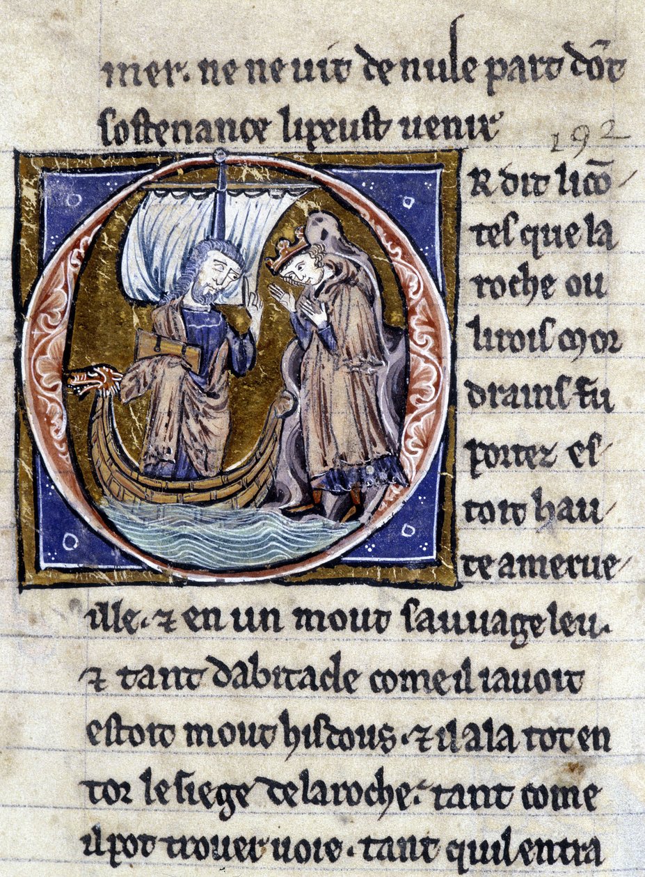 Król Modreius. Rękopis: Conquest of the Saint Gréal, napisany 717 lat po męce naszego Pana. Bibliotheque Municipale de Rennes, ms. 255 (Zbiór powieści Okrągłego Stołu); Paryż autorstwa Unknown artist