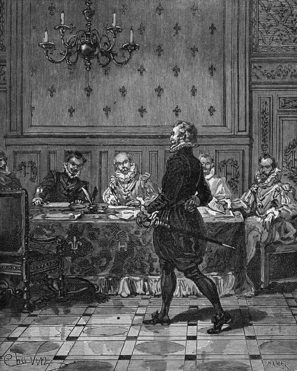 Król Francji Henryk IV (1553-1610) (stoi) na spotkaniu ze swoimi ambasadorami. Rycina XIX wieku. W „Histoire de France” Julesa Micheleta autorstwa Unknown artist