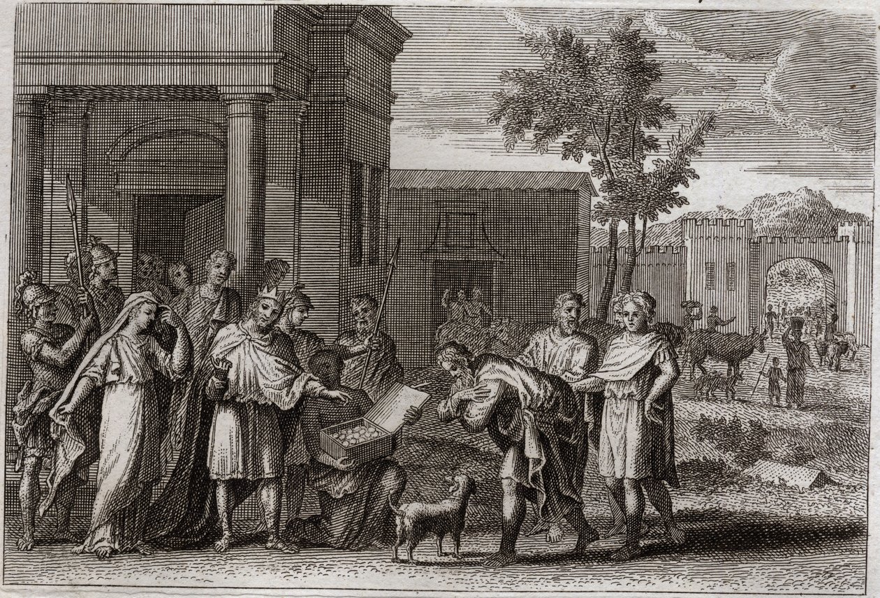 Biblia Królestwa, Stary Testament: Abimelech ukarany przez Boga. Abimelech (Abimelec lub Ahimelech lub Ahimelek), król Geraru, porwawszy siłą Sarę (Sarę), żonę Abrahama, ale którą uważał, że jest tylko jego siostrą, zostaje zwiedziony przez Boga i oddaje j autorstwa Unknown artist