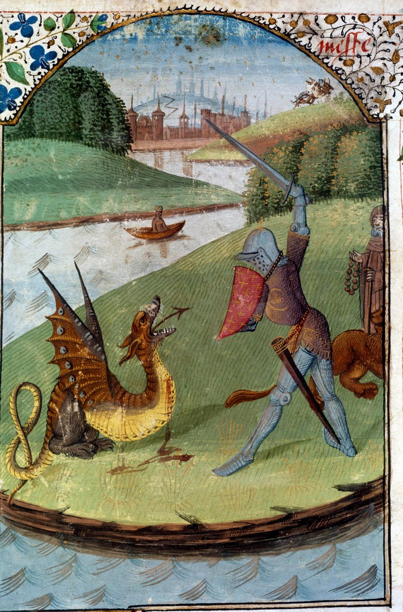 Rycerze Okrągłego Stołu: „Lancelot walczy ze smokiem”” Miniatura rękopisu „” Powieść Lancelot du Lac”” autorstwa Unknown artist