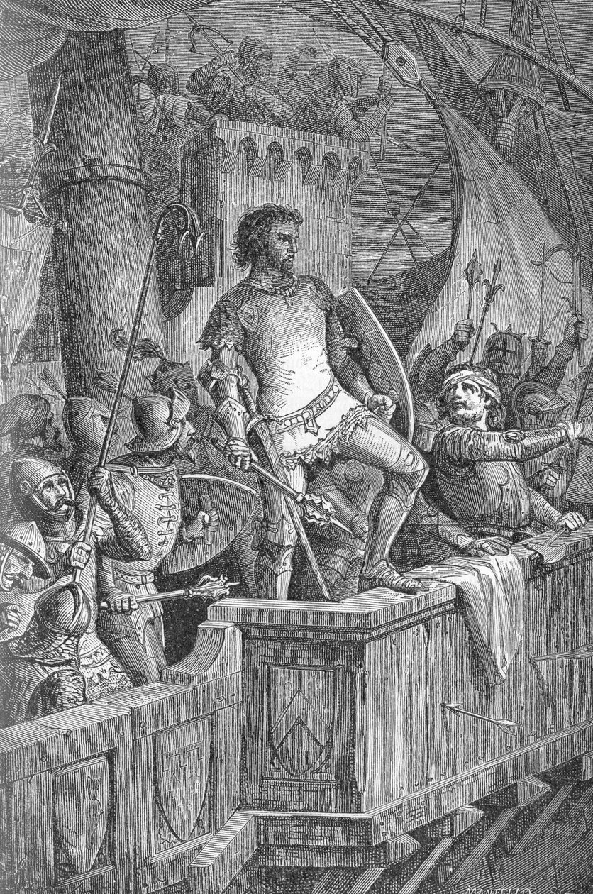 Knut Wielki (Canut I) (994 lub 995-1035) - Ludzie Cnuta Wielkiego na moście londyńskim, atakowani przez Olafa II z Norwegii (Olaf II z Norwegii) - Grawerowanie w „” Kaiser, Konig une Papst” Richarda Roth autorstwa Unknown artist