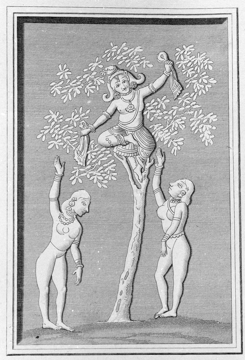 Krishna lecący z dwoma gopi. grawerowanie w „”Ancient and Modern Monuments of Hindustan”” przez L.M. Langles, Paryż 1821. autorstwa Unknown artist