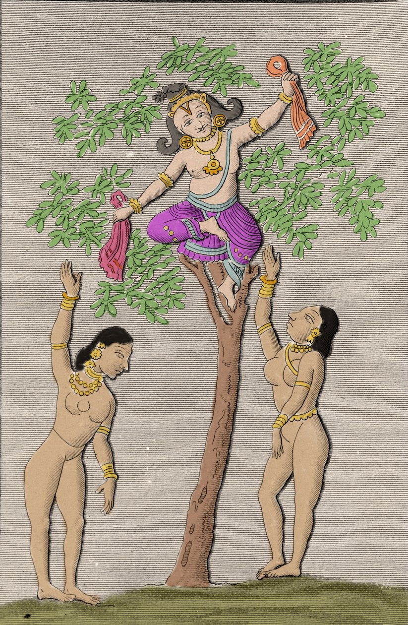 Krishna lecący z dwoma gopi. grawerowanie w „”Ancient and Modern Monuments of Hindustan”” przez L.M. Langles, Paryż 1821. autorstwa Unknown artist