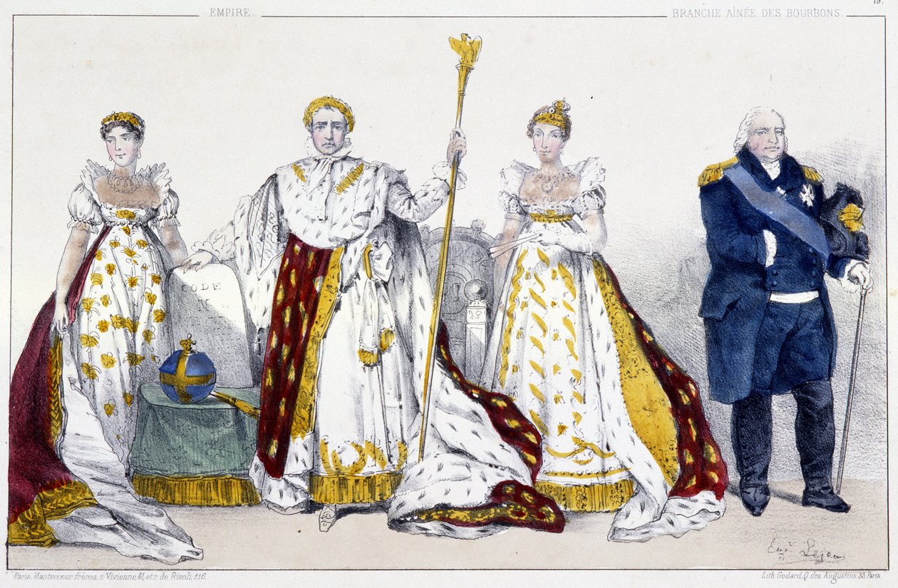 Cesarstwo i Burbonowie: Josephine de Beauharnais (1763-1814) i Napoleon I Bonaparte (1769-1821), Maria Josephine de Savoie (1753-1810) i Ludwik XVIII dit Le Desire (1755-1824) - Talerz wydobyty z Królów i Królowe Francji w drukach, Paryż, wyd. Szwajcaria autorstwa Unknown artist