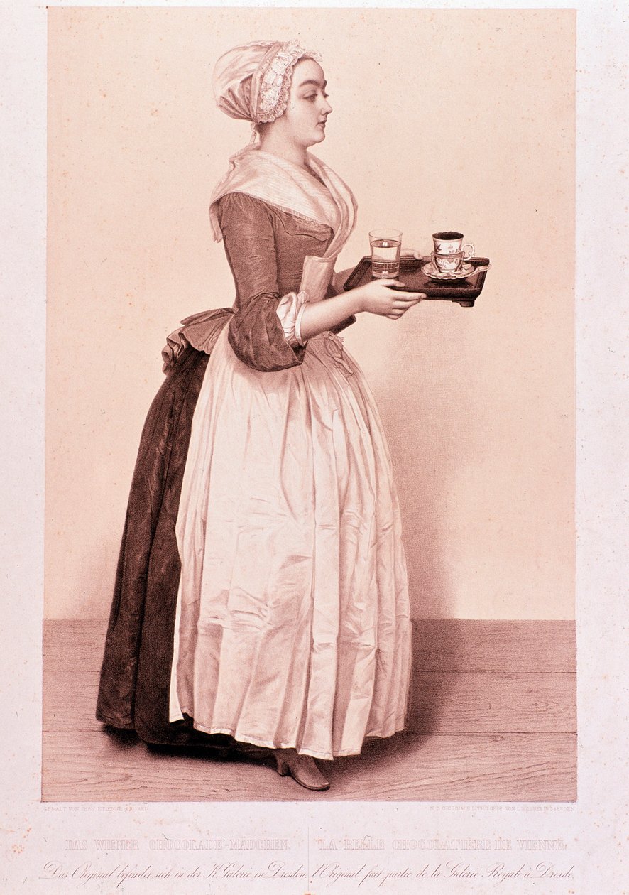 La Chocolatiere de Vienne: młoda pokojówka trzymająca tacę z kubkiem gorącej czekolady. Litografia z XIX-wiecznej kolekcji prywatnej autorstwa Unknown artist