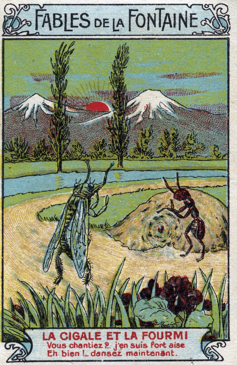 Konik polny i mrówka - Bajki Jeana de La Fontaine (1621-95) - Chromolitografia z końca XIX wieku Kolekcja prywatna autorstwa Unknown artist