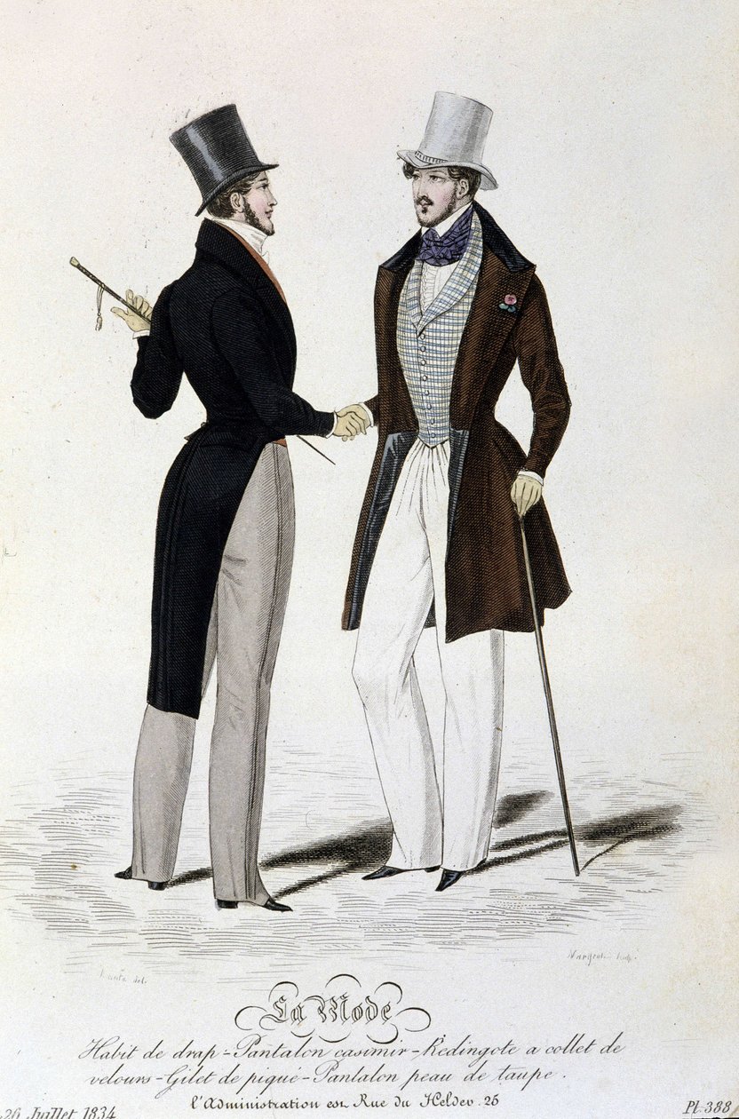 La Mode du 26 juillet 1834: (moda męska) prześcieradło - spodnie casimir - Redingote z aksamitnym kołnierzem - kamizelka z piki - spodnie ciemnoszary i cylinder. autorstwa Unknown artist