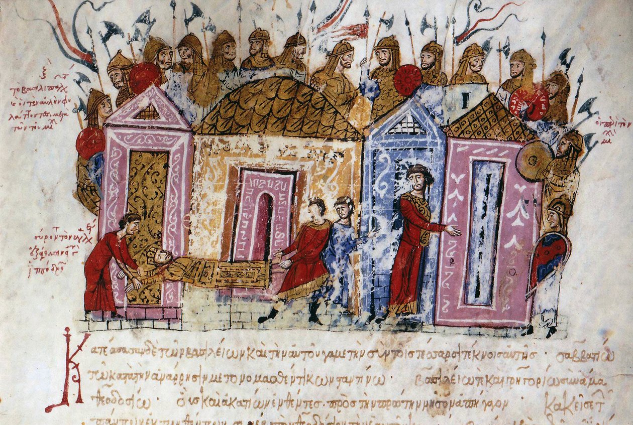 Zbrojna Gwardia Waregów (Varangian) (Wikingowie duńscy i szwedzcy, którzy przebyli cały system rzeczny terytoriów wschodnich i budowali forty aż do Morza Kaspijskiego, kładąc w ten sposób podwaliny pod to, co miało stać się państwem rosyjskim). autorstwa Unknown artist