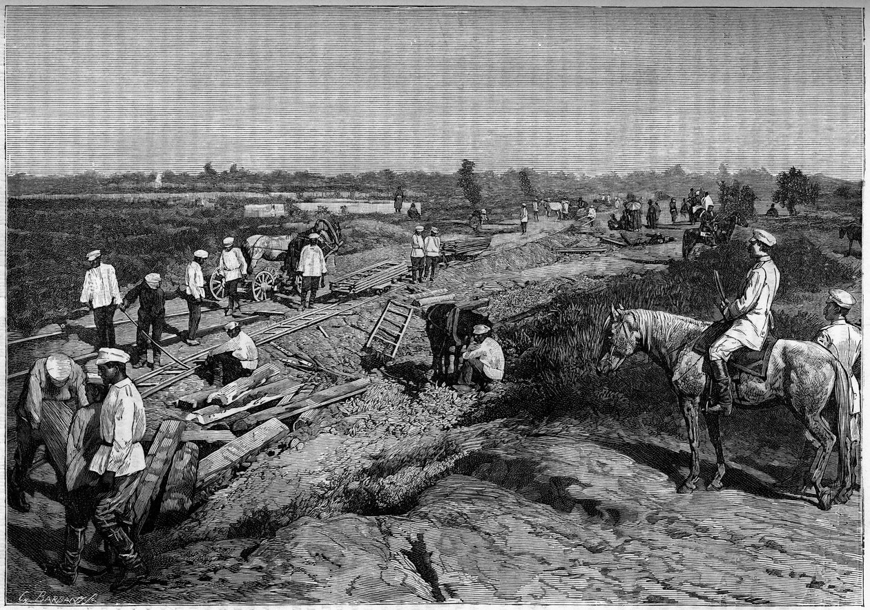 Układanie torów kolei Transcapien. Grawerowanie w czasopiśmie „La jeunesse”” autorstwa Unknown artist