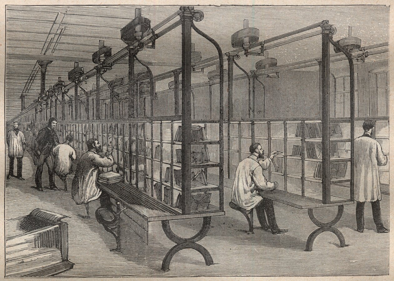 Poczta listowa: sortowanie kopert w Hotel des Posts w Paryżu - Grawerowanie w „La Science francaise”” autorstwa Unknown artist
