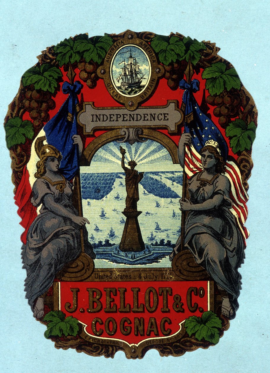 Etykieta „” Niepodległość – J. Bellot i C¡. Koniak” (Statua Wolności). Chromolitografia, b.d. autorstwa Unknown artist