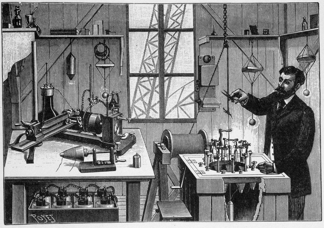 Laboratorium Gustawa Eiffla na drugiej platformie wieży - grawer autorstwa Unknown artist