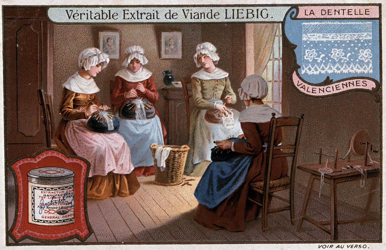 Warsztat koronkarski, Valenciennes, reklama Liebig v. 1895 autorstwa Unknown artist