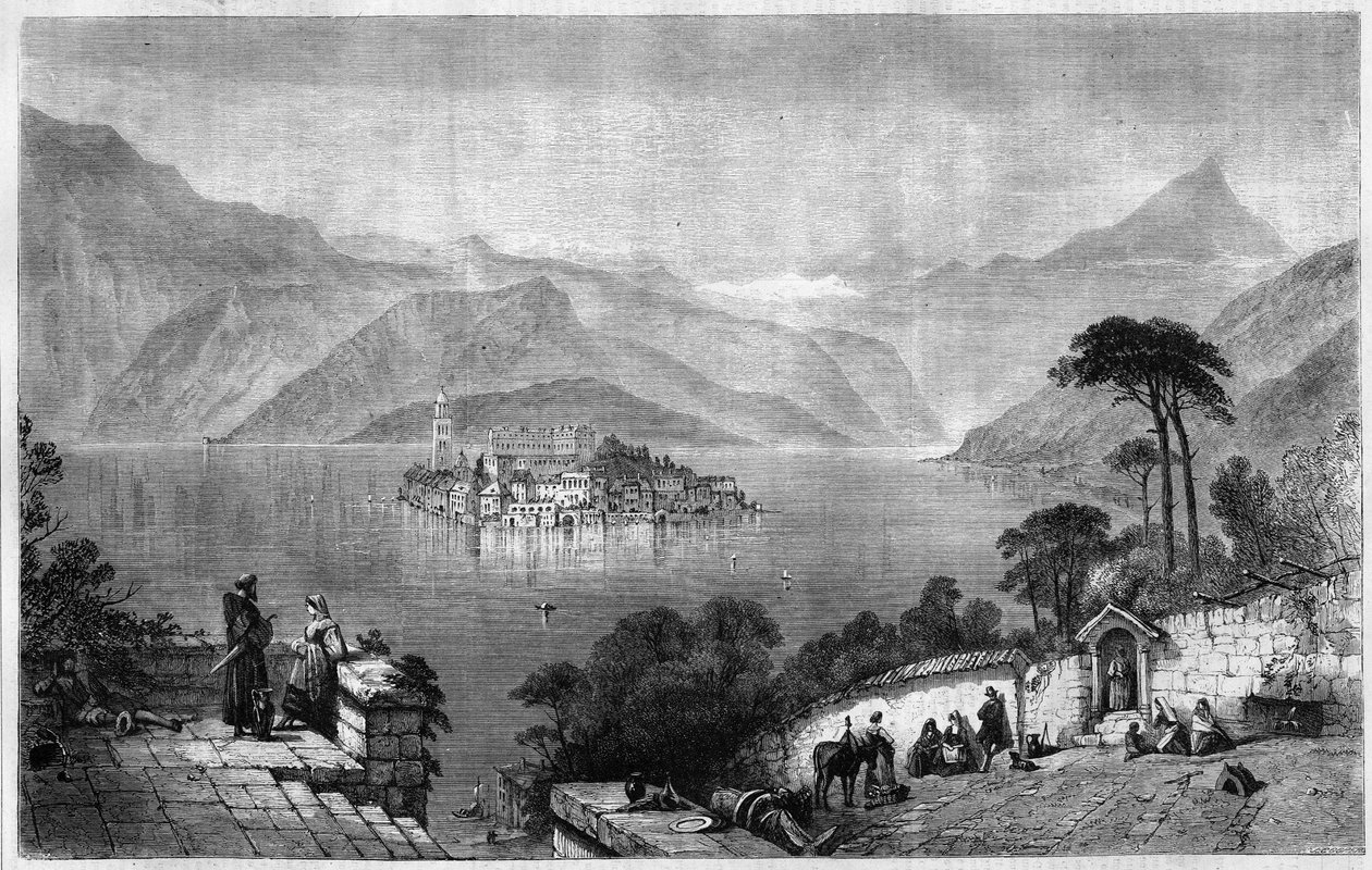 Jezioro Orta (Jezioro Cusio) (na środku wyspy San Giulio (Saint Jules) w prowincji Novara we Włoszech. Rycina z 1865 roku. autorstwa Unknown artist