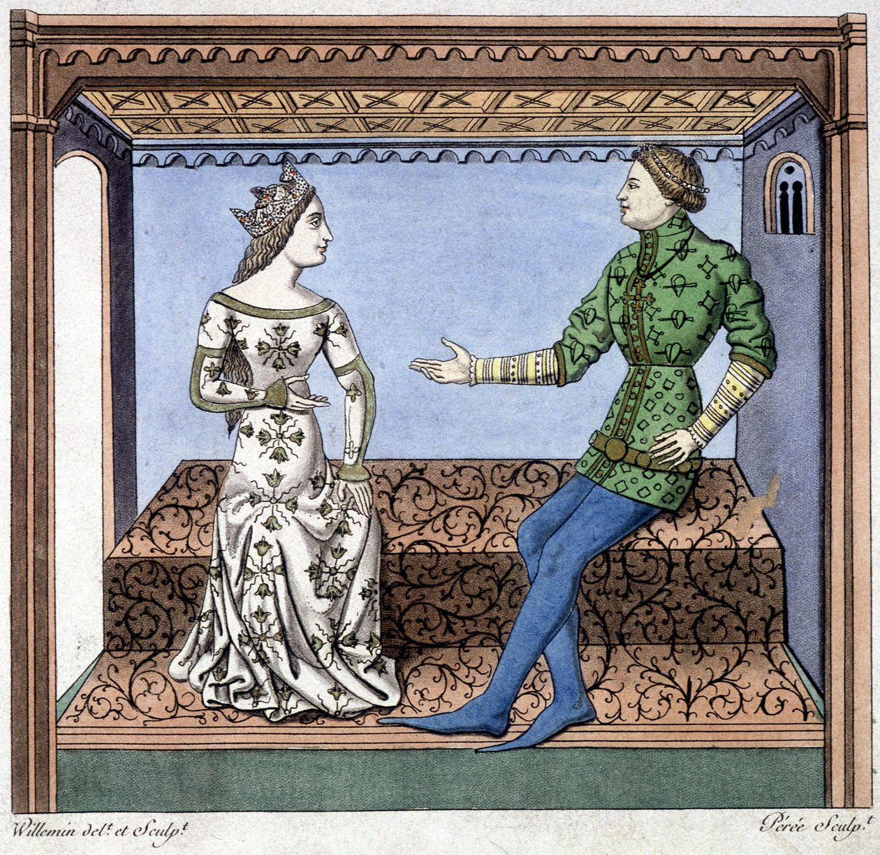Lancelot i Guineèvre w rozmowie - wyciąg z Lancelot du lac, na podstawie dokumentu z 1370 roku. autorstwa Unknown artist