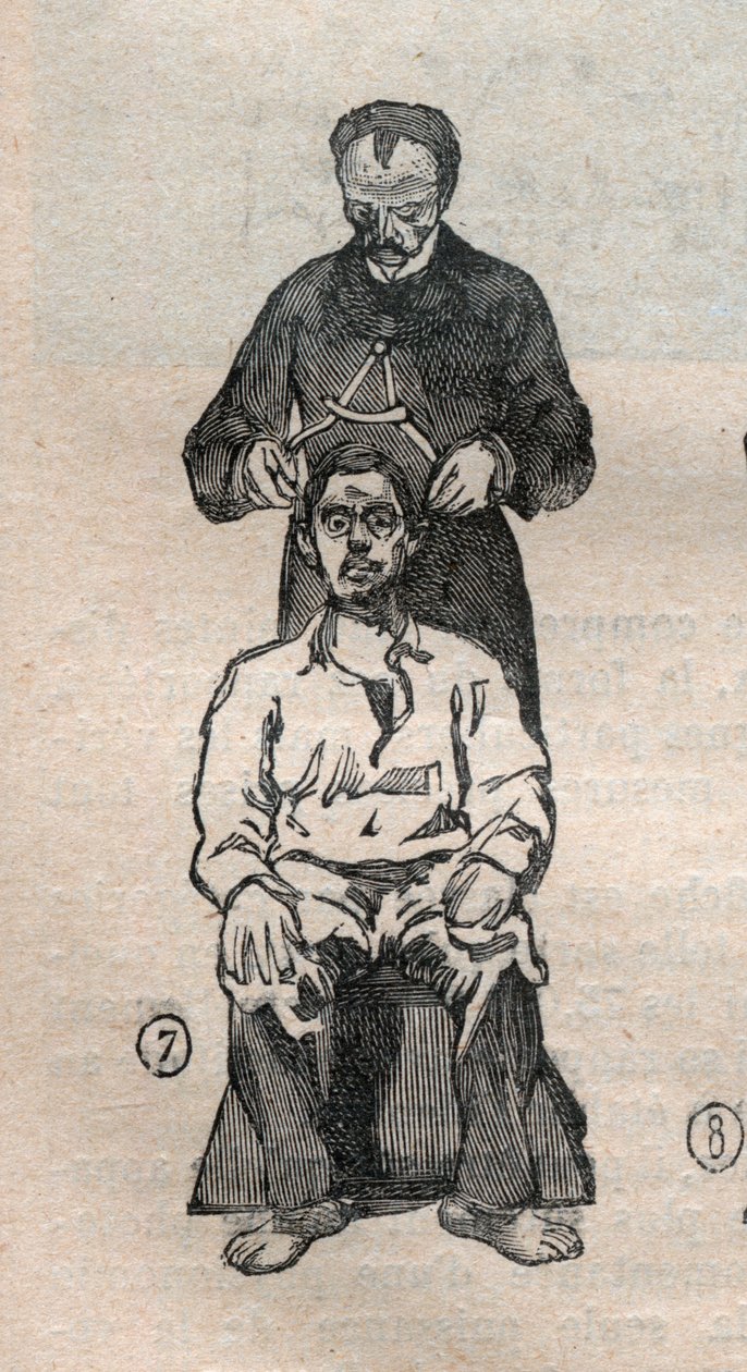 Antropometria sądowa lub bertillonnage, metoda Alphonse Bertillon (1853-1914): pomiar średnicy poprzecznej czaszki - Grawerowanie w „La Science francaise” autorstwa Unknown artist