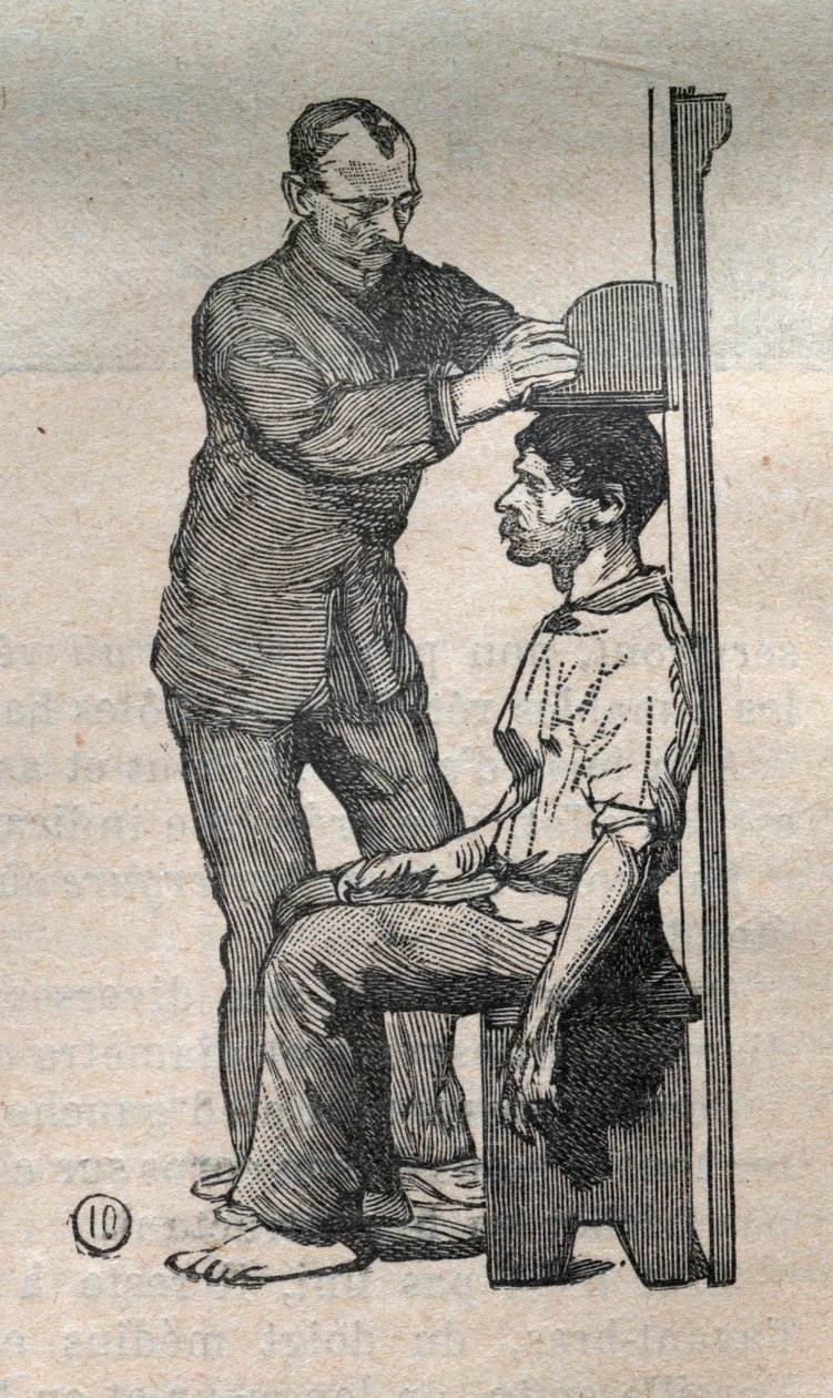 Antropometria sądowa lub bertillonnage, metoda Alphonse Bertillon (1853-1914): pomiar popiersia - Grawerowanie w „La Science francaise”” autorstwa Unknown artist