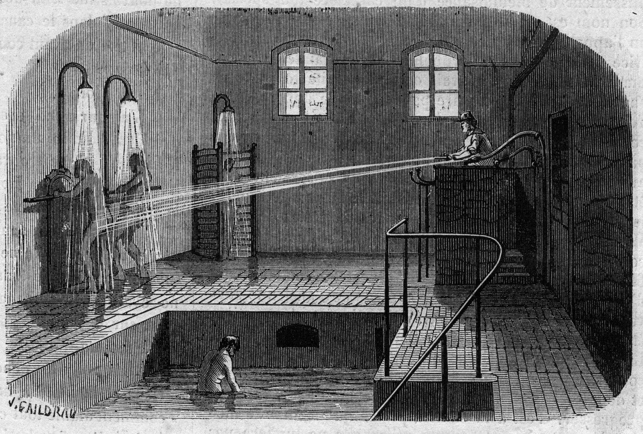 Azyl Sainte Anne (Sainte-Anne) w Paryżu: Hydroterapia - Grawerowanie w „”Le Journal Illustre”” autorstwa Unknown artist