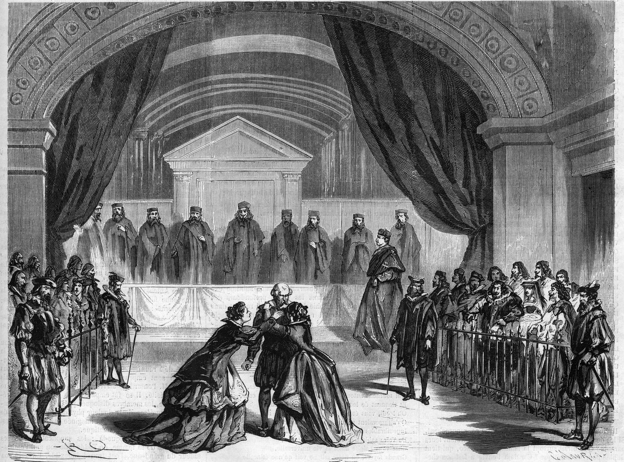 Ostatni etap sztuki teatralnej „Galilea”, trzyaktowego dramatu francuskiego poety i dramaturga Francoisa Ponsarda (1814-1867) wystawia się we francuskim teatrze komediowym w Paryżu. Grawer w „”L