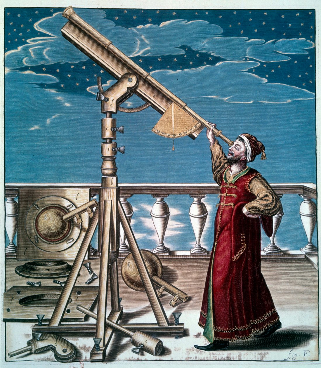 Astronom: mężczyzna obserwuje gwiazdy w lunecie astronomicznej - Grawerowanie w XVII wieku - Paryż, BN - Astronom: Mężczyzna obserwuje gwiazdy w teleskopie - Grawerowanie autorstwa Unknown artist