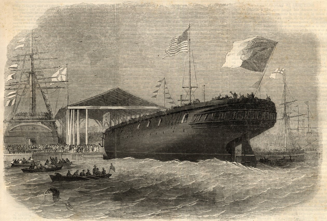 Wystrzelenie portugalskiej korwety „Sagres” w Limehouse (Londyn). Grawerowanie w „The Illustrated London News”” z 5 czerwca autorstwa Unknown artist