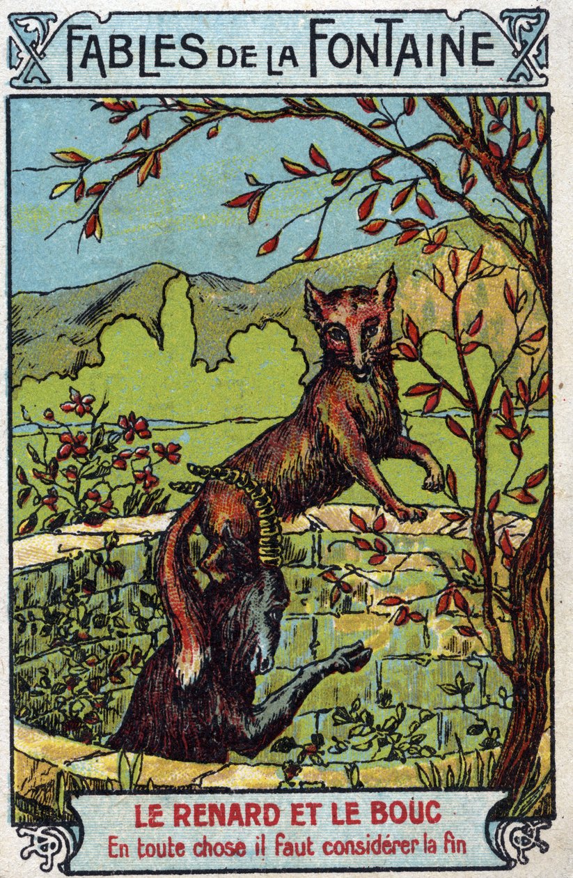 Le Fox et le Bouc - Bajki Jeana de La Fontaine (1621-95) - Chromolitografia z końca XIX wieku Kolekcja prywatna autorstwa Unknown artist