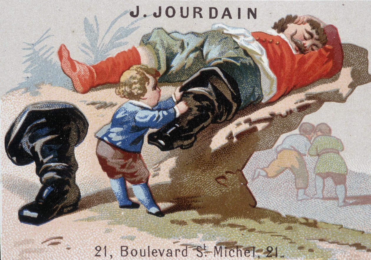 Le Petite Poucet usuwa swoje siedmioligowe buty z ogrem asoupi - etykieta reklamowa Jourdain autorstwa Unknown artist