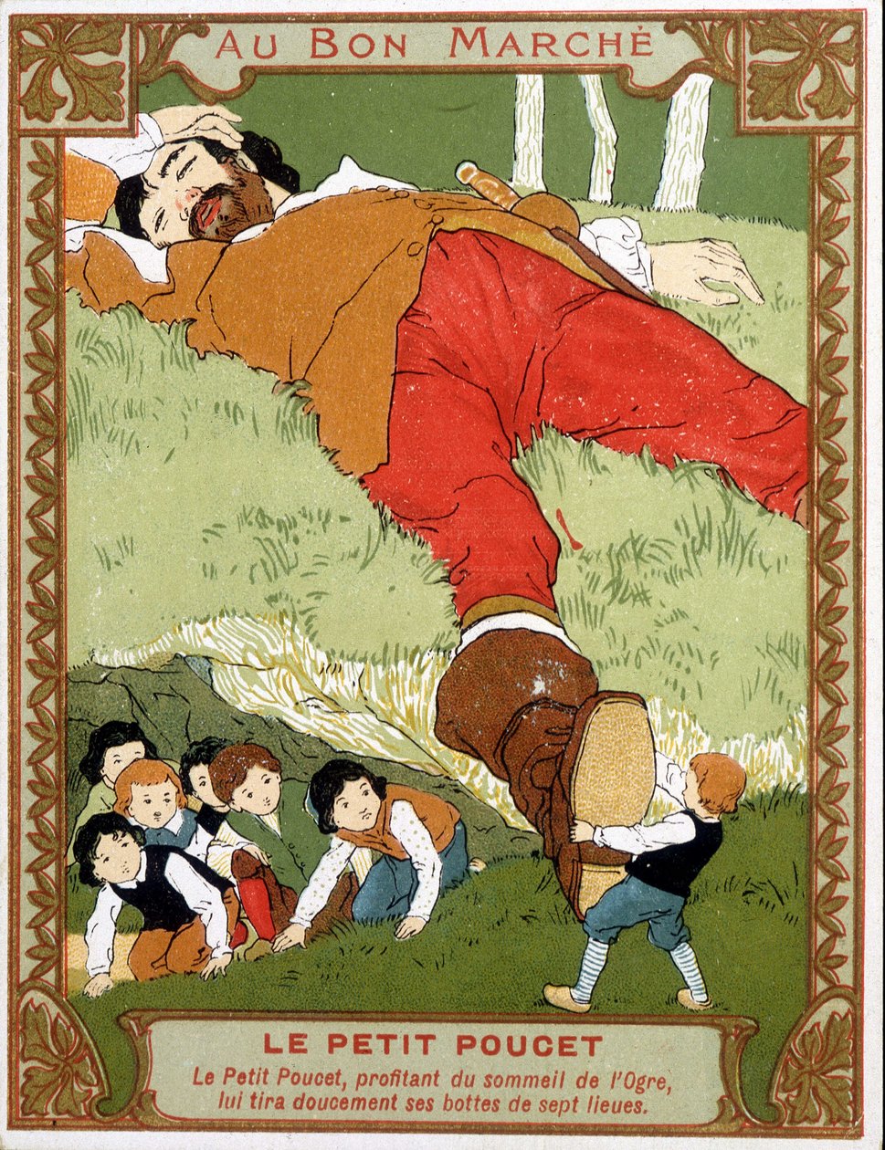 Le Petite Poucet zdejmuje swoje siedmioligowe buty przed ogra assoupi - etykieta reklamowa Bon Marché, koniec XIX wieku autorstwa Unknown artist